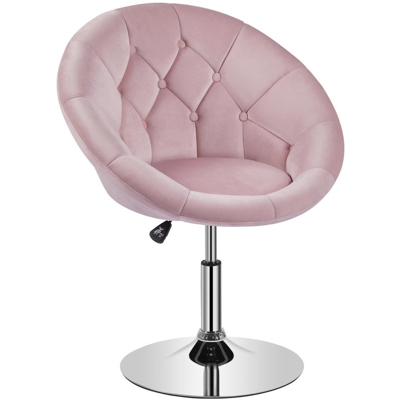 Yaheetech Living Room Vanity Chair Makeup Velvet Round Tufted Back Swivel Accent with Chrome Frame Height Adjustable for Room Bedroom Pink