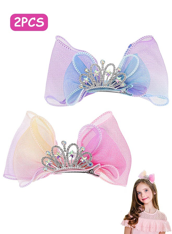 Photon 2 Pcs Crown Bow Hair Clips, Hair Styling Accessories for Girls & Kids, Diamond Crown Hair Bows Princess Headband with Metal Snap - Image 1
