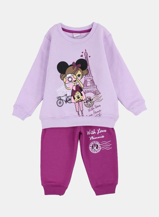 Disney Girl Cotton Pajama Set – Purple/Berry with Minnie Print - Image 1