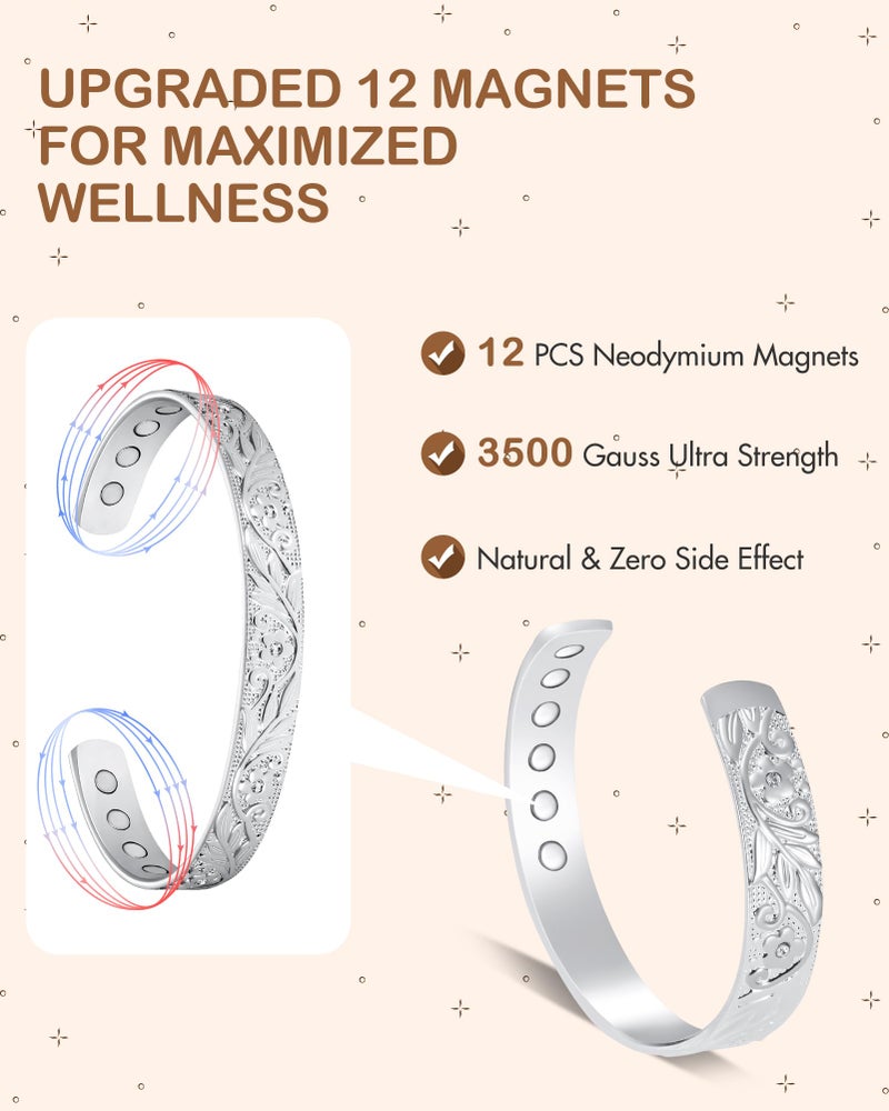 Feraco Copper Bracelet for Women, 12X Ultra Strength Magnetic Bracelets, 99.99% Pure Copper Cuff Bangle with 3500 Gauss Neodymium Magnets & Sparkling Cubic Zirconia, Silver - Image 4