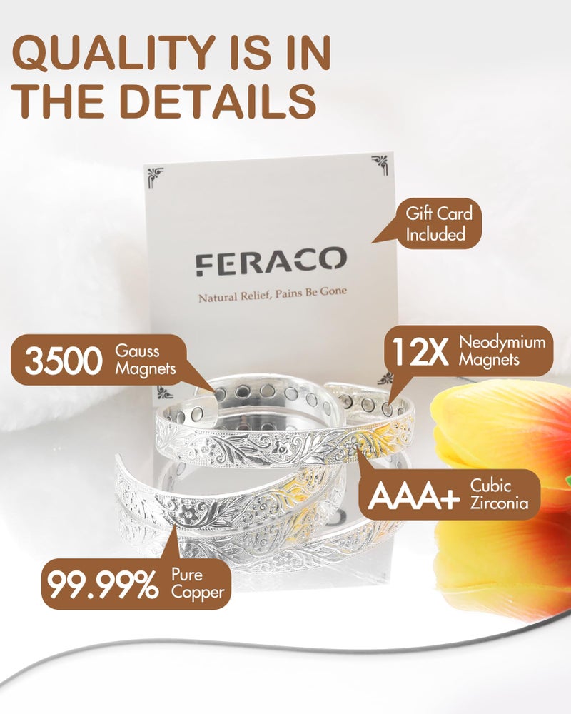 Feraco Copper Bracelet for Women, 12X Ultra Strength Magnetic Bracelets, 99.99% Pure Copper Cuff Bangle with 3500 Gauss Neodymium Magnets & Sparkling Cubic Zirconia, Silver - Image 5