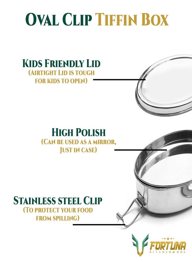 FORTUNA KITCHENWARE صندوق طعام للأطفال من الفولاذ المقاوم للصدأ من فورتونا كيتشنوير | صندوق غداء للأطفال والمكتب من الفولاذ المقاوم للصدأ | صفيحة فاصلة فولاذية ومشبك قفل | غطاء مناسب للأطفال، شكل مستطيل (بيضاوي، متوسط) - Image 3