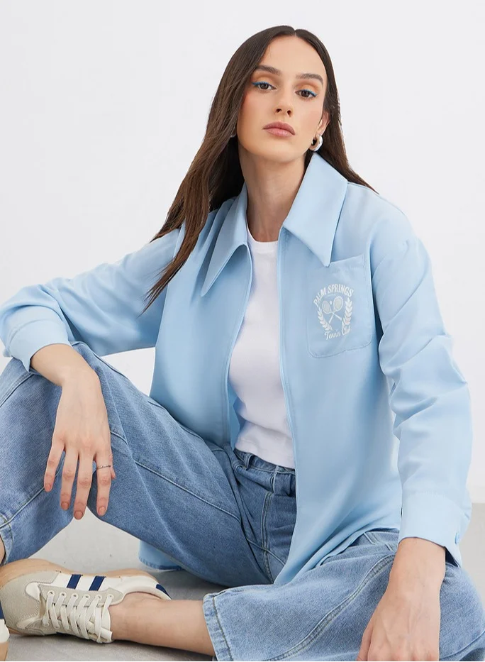 Styli Styli Blue Printed Chest Pocket Zipped Oversized Shirt