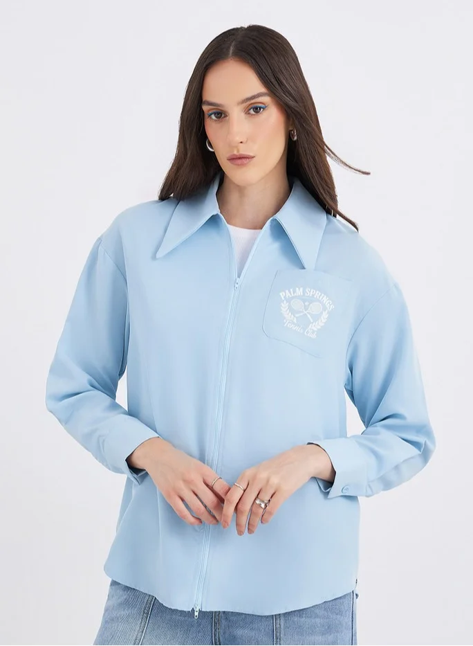 Styli Styli Blue Printed Chest Pocket Zipped Oversized Shirt