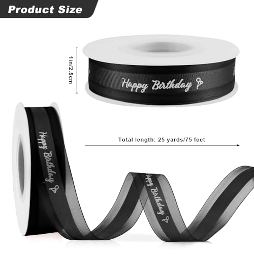 Cidenbio Happy Birthday Ribbon for Gift Wrapping 1 Inch 25 Yards Black Ribbon for Flower Bouquet Organza Satin Ribbons for Crafts Bow Making Cake Box Party Decoration Party Favor Supplies - Image 2