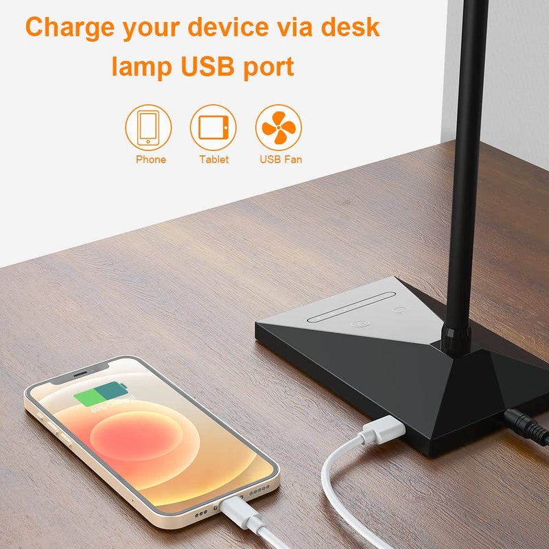 Vansuny LED Desk Lamp with USB Charging Port, Eye-Caring, 5 Color Modes,6 Brightness Levels, Touch Control, Adjustable Neck, Memory Function for Dorm Office Work Bedroom (12W,Black) - Image 3