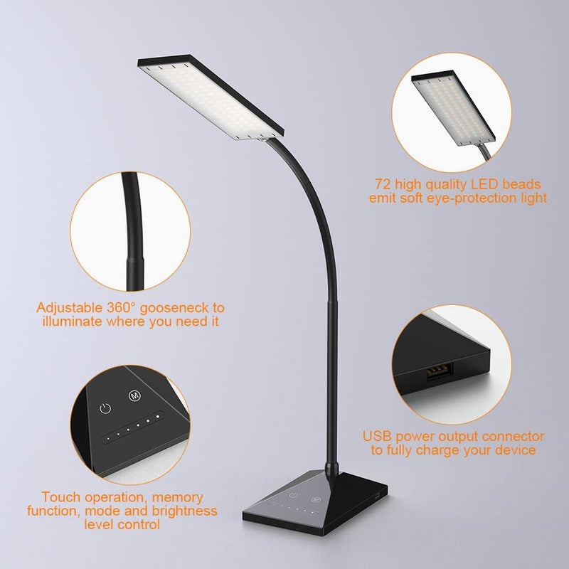 Vansuny LED Desk Lamp with USB Charging Port, Eye-Caring, 5 Color Modes,6 Brightness Levels, Touch Control, Adjustable Neck, Memory Function for Dorm Office Work Bedroom (12W,Black) - Image 5