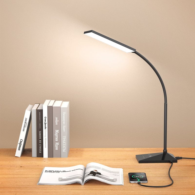 Vansuny LED Desk Lamp with USB Charging Port, Eye-Caring, 5 Color Modes,6 Brightness Levels, Touch Control, Adjustable Neck, Memory Function for Dorm Office Work Bedroom (12W,Black) - Image 1