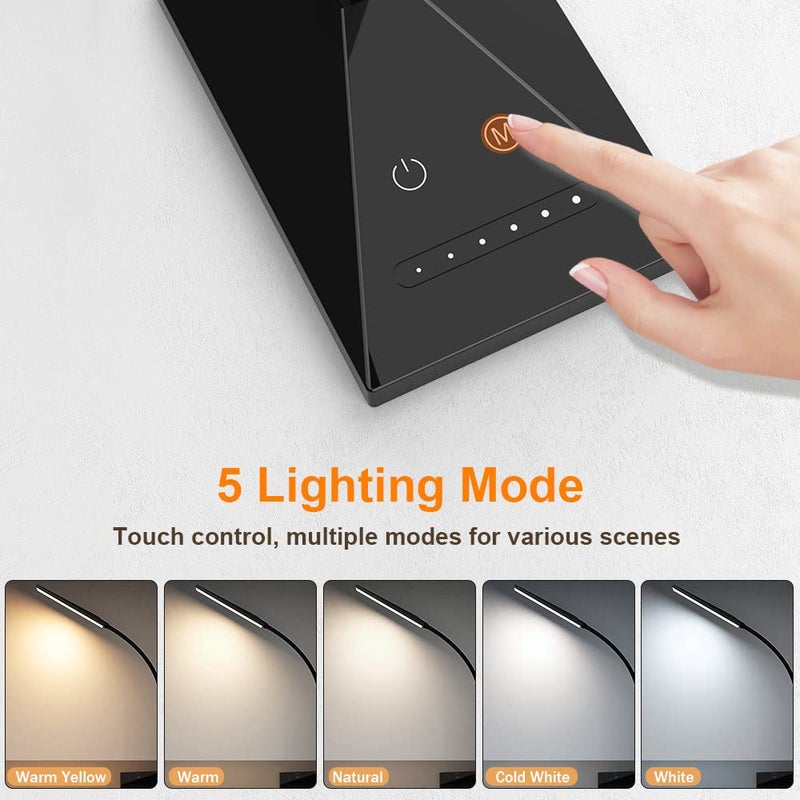 Vansuny LED Desk Lamp with USB Charging Port, Eye-Caring, 5 Color Modes,6 Brightness Levels, Touch Control, Adjustable Neck, Memory Function for Dorm Office Work Bedroom (12W,Black) - Image 2