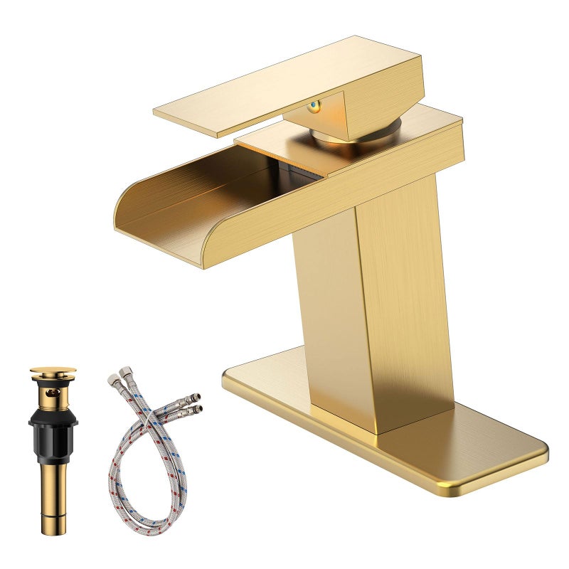 BATHLAVISH Gold Bathroom Faucet Waterfall Single Hole Sink Brushed Gold Single Handle with Pop Up Drain with Overflow Vanity Lavatory Mixer Tap Modern Deck Mount