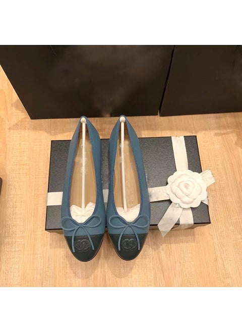 High version 22 new Chanel style flat shoes womens bowknot comfortable lazy shoes fragrant grandma low heel ballet shoes Light blue
