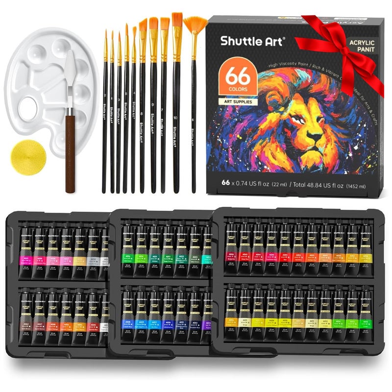 Shuttle Art 82 Pack Acrylic Paint Set, Shuttle Art 66 Colors Acrylic Paint with 10 Brushes, 22ml/0.74oz Tubes, Vibrant Colors, Artist Painting Supplies for Kids, Adults Painting & Crafting on Canvas, Wood Ceramic - Image 1