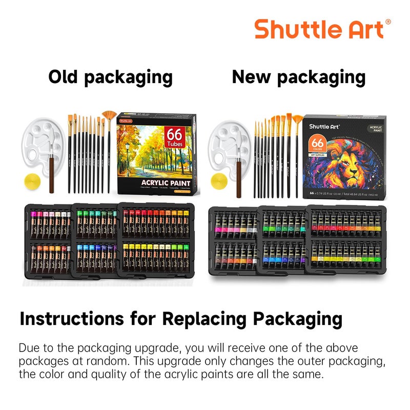 Shuttle Art 82 Pack Acrylic Paint Set, Shuttle Art 66 Colors Acrylic Paint with 10 Brushes, 22ml/0.74oz Tubes, Vibrant Colors, Artist Painting Supplies for Kids, Adults Painting & Crafting on Canvas, Wood Ceramic - Image 2