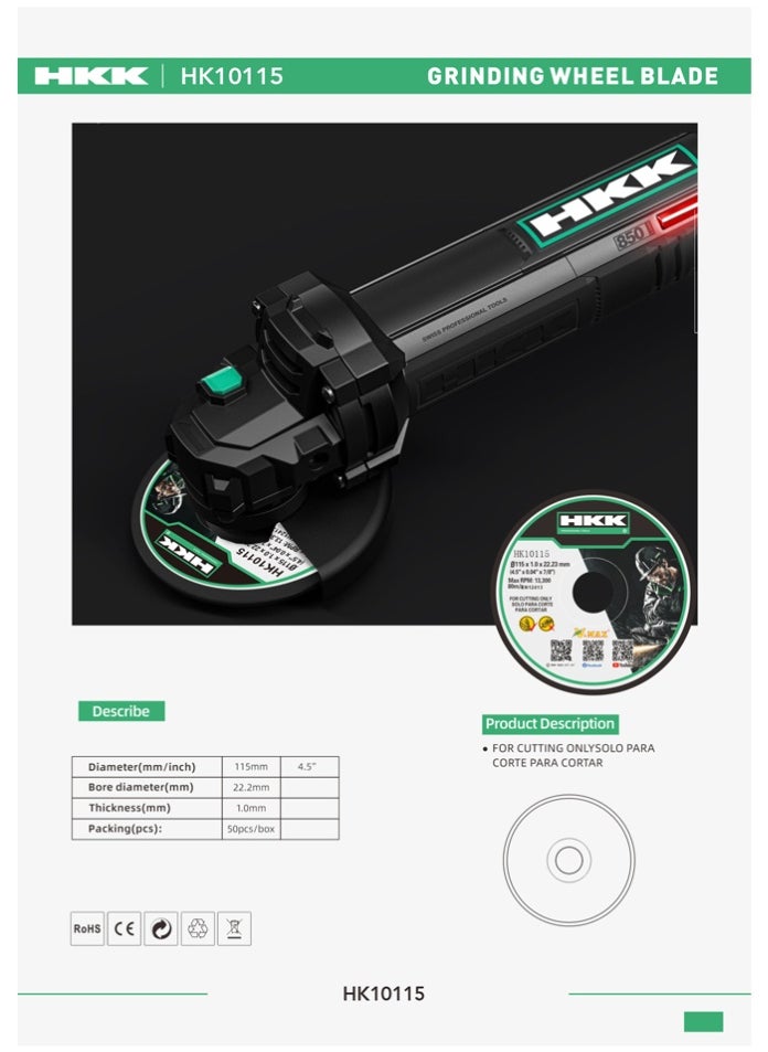 HKK HKK 115mm 50 Pieces Cutting Disc Wheel, 1.0mm Thickness, 22.23mm Bore, 13300RPM Max, EN12413, Metal Stainless Steel Cutting Blade for Angle Grinder – 4.5" x 0.04" x 7/8", 50pcs  - Image 2