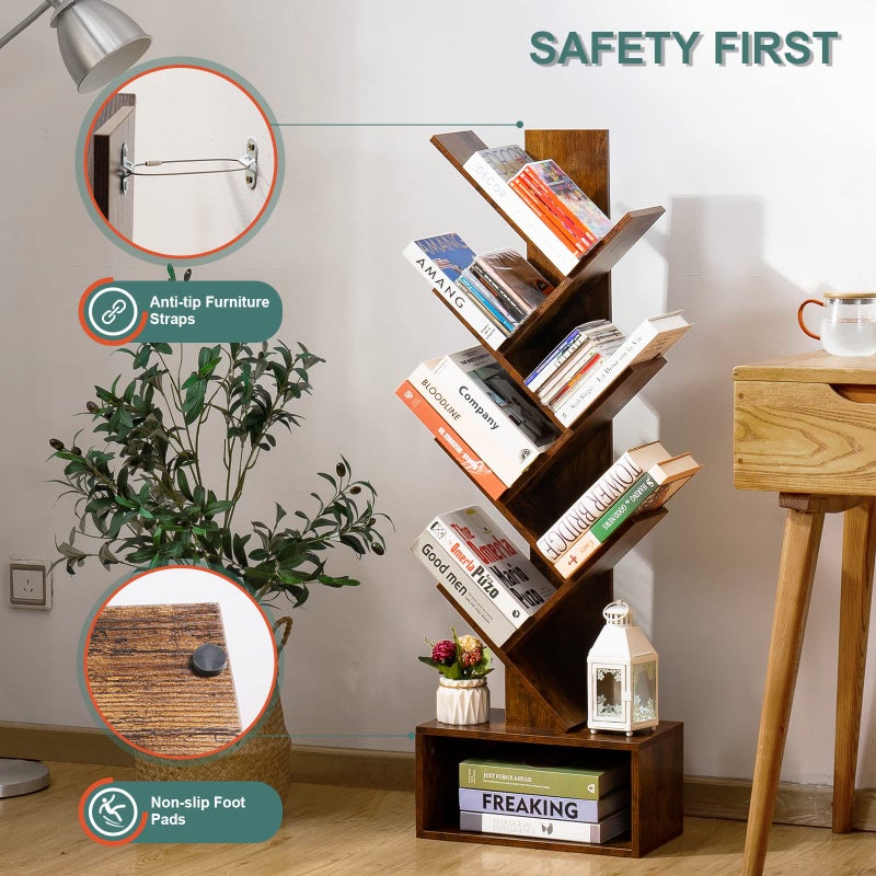 Yoobure Tree Bookshelf - 6 Shelf Retro Floor Standing Bookcase, Tall Wood Book Storage Rack for CDs/Movies/Books, Utility Book Organizer Shelves for Bedroom, Living Room, Home Office, Rustic Brown - Image 3