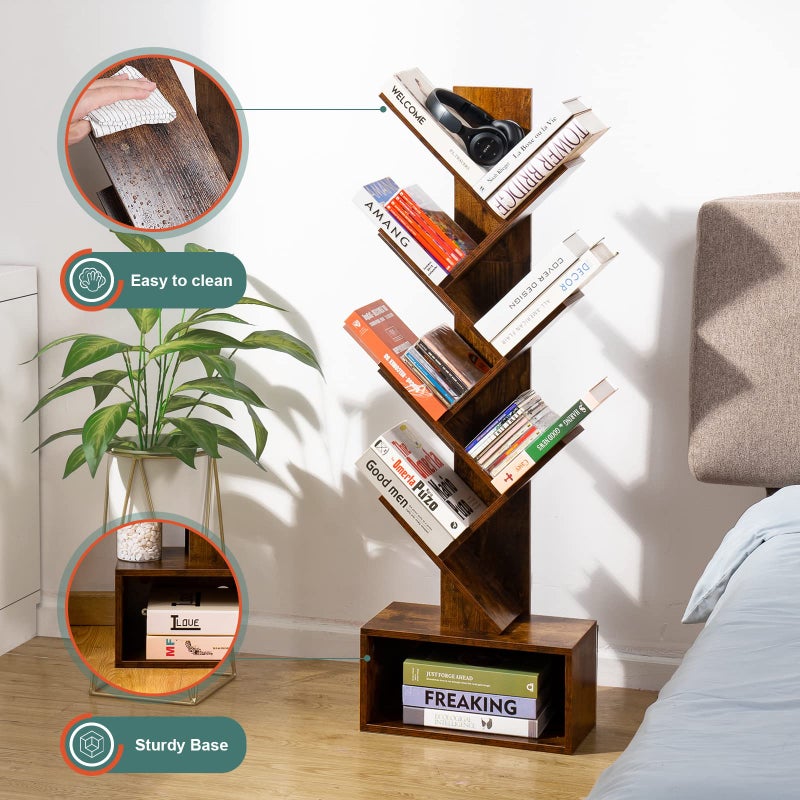 Yoobure Tree Bookshelf - 6 Shelf Retro Floor Standing Bookcase, Tall Wood Book Storage Rack for CDs/Movies/Books, Utility Book Organizer Shelves for Bedroom, Living Room, Home Office, Rustic Brown - Image 5