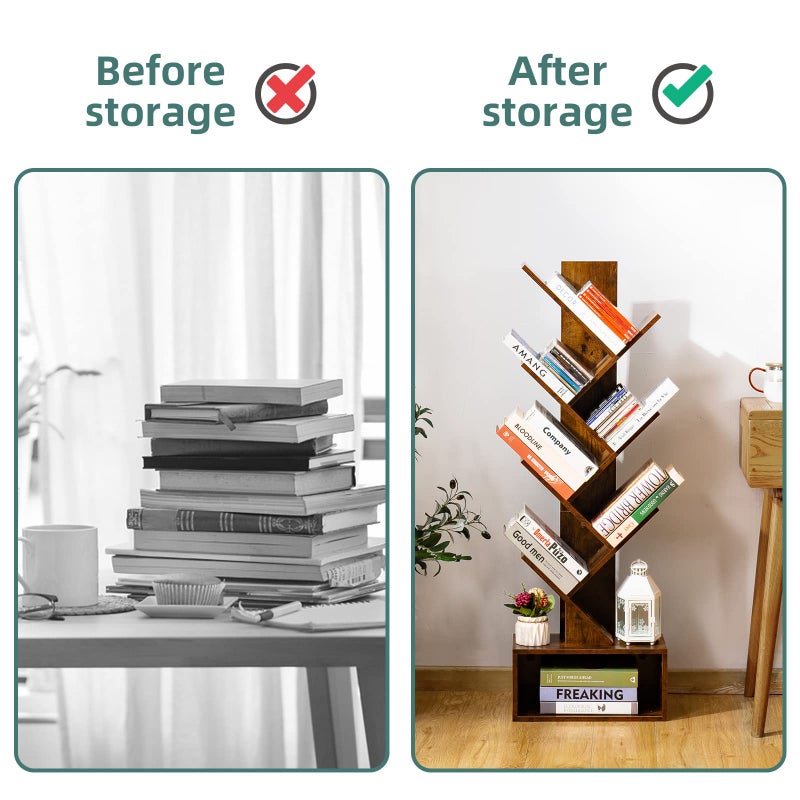 Yoobure Tree Bookshelf - 6 Shelf Retro Floor Standing Bookcase, Tall Wood Book Storage Rack for CDs/Movies/Books, Utility Book Organizer Shelves for Bedroom, Living Room, Home Office, Rustic Brown - Image 4