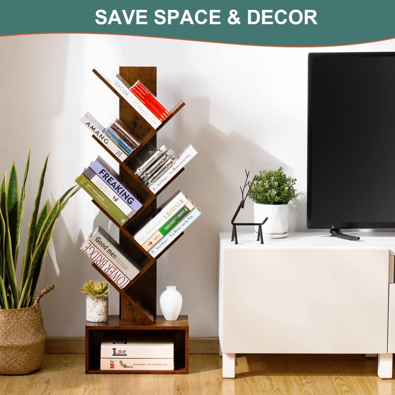 Yoobure Tree Bookshelf - 6 Shelf Retro Floor Standing Bookcase, Tall Wood Book Storage Rack for CDs/Movies/Books, Utility Book Organizer Shelves for Bedroom, Living Room, Home Office, Rustic Brown - Image 2