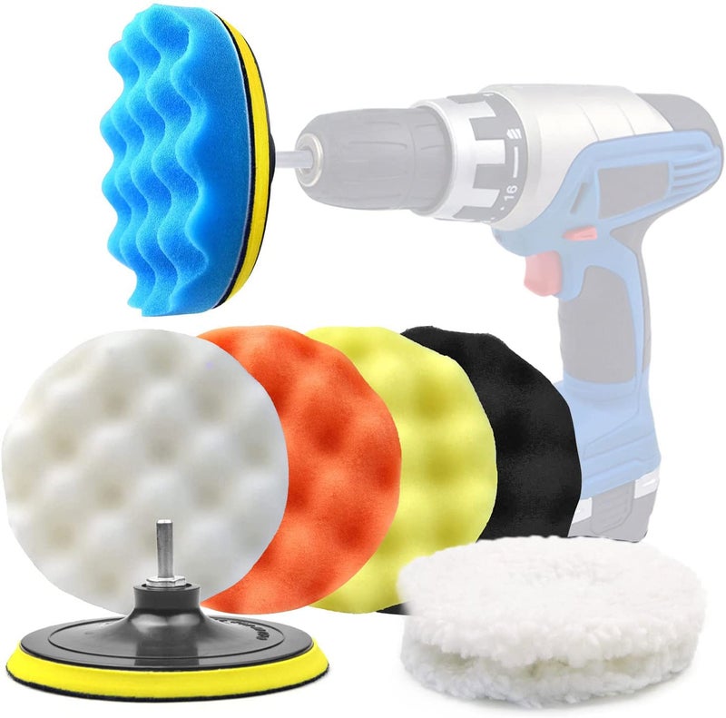 POLIWELL 6 Inch Car Polishing & Buffing Sponge Pads Kit Wool Bonnet Pads for Household Electric Drill and Auto Polisher with 8mm M14 Drill Adapter for Washing Cleaning Waxing Dusting, 11PCS - Image 1