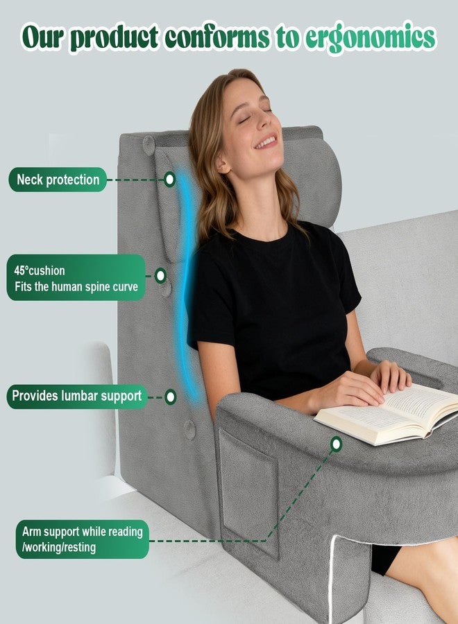 laapee Reading Pillow Set for Adults 3-Piece - Ergonomic Back/Neck Support with Arms & Pockets - 26D High-Density Foam for Bed/Couch Reading Gaming Watching TV (Light Gray) - Image 3