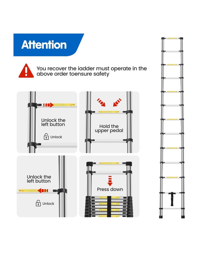 3.8m/12.5ft Telescopic Ladder, Aluminum Extendable Foldable Multipurpose Overhead Ladder - Image 4