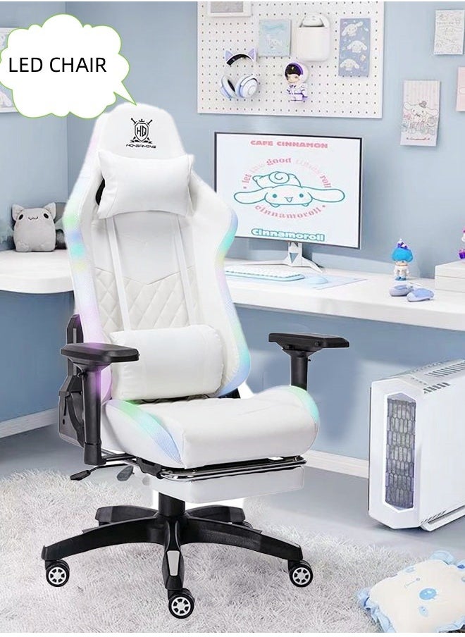 كرسي ألعاب RGB مع مصابيح LED ، كرسي مكتب كمبيوتر مريح ، كرسي مكتب فيديو للكبار (LED + أبيض)