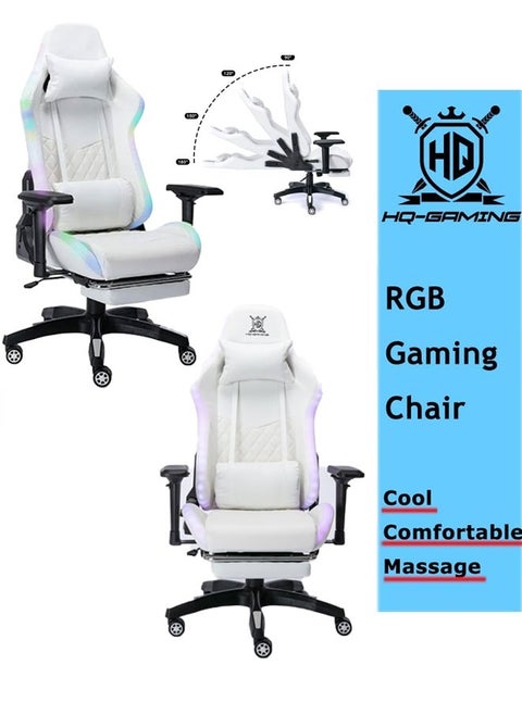 كرسي ألعاب RGB مع مصابيح LED ، كرسي مكتب كمبيوتر مريح ، كرسي مكتب فيديو للكبار (LED + أبيض)