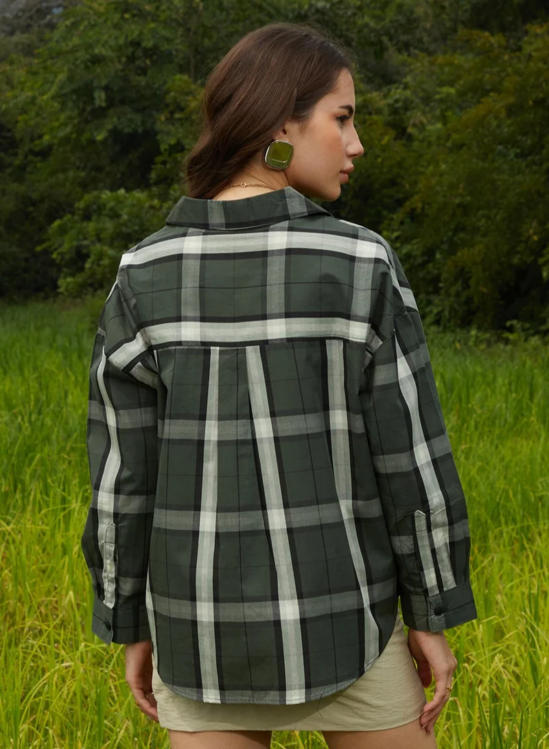 Campus Sutra Women's Emerald Green Tartan Plaid Oversized Shirt