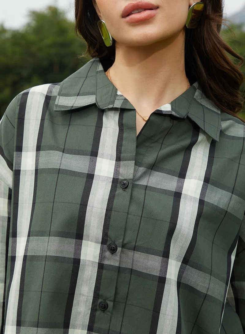 Campus Sutra Women's Emerald Green Tartan Plaid Oversized Shirt