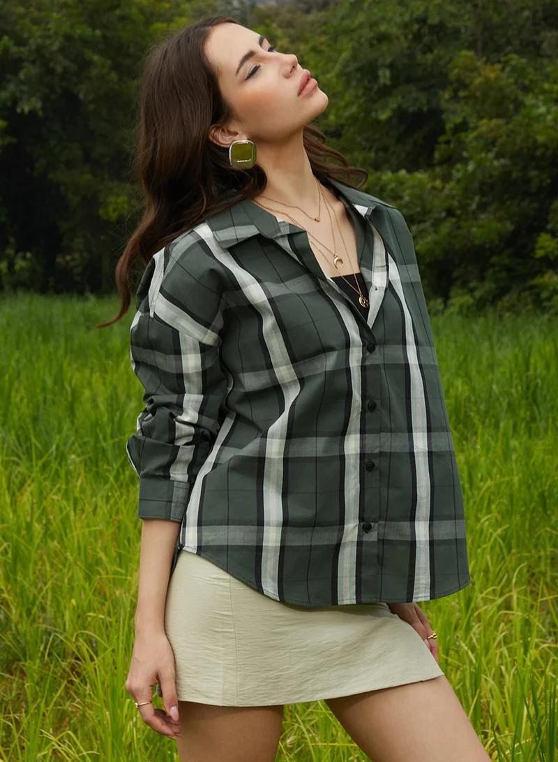 Campus Sutra Women's Emerald Green Tartan Plaid Oversized Shirt