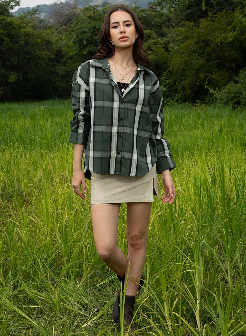 Campus Sutra Women's Emerald Green Tartan Plaid Oversized Shirt