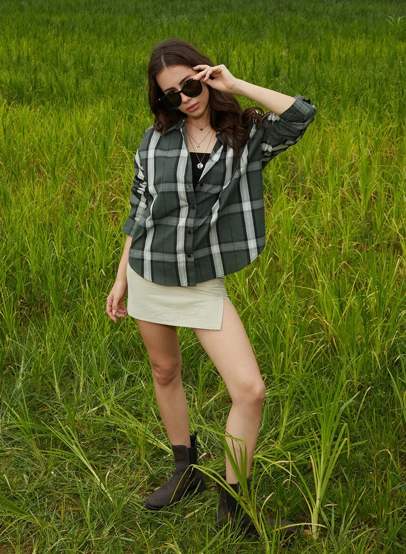 Campus Sutra Women's Emerald Green Tartan Plaid Oversized Shirt
