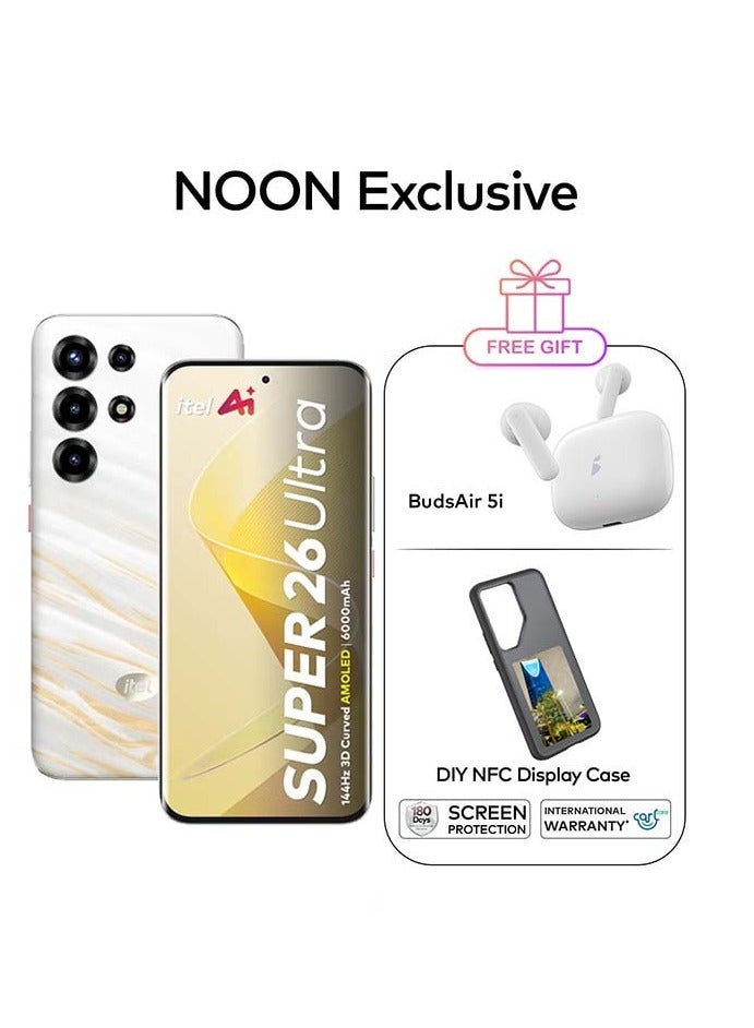 ITEL S26 Ultra Dual Sapphire Glided White 8+16 GB RAM 256GB 4G With Airbuds 5i NFC Mobile Cover - Middle East Version - Image 1