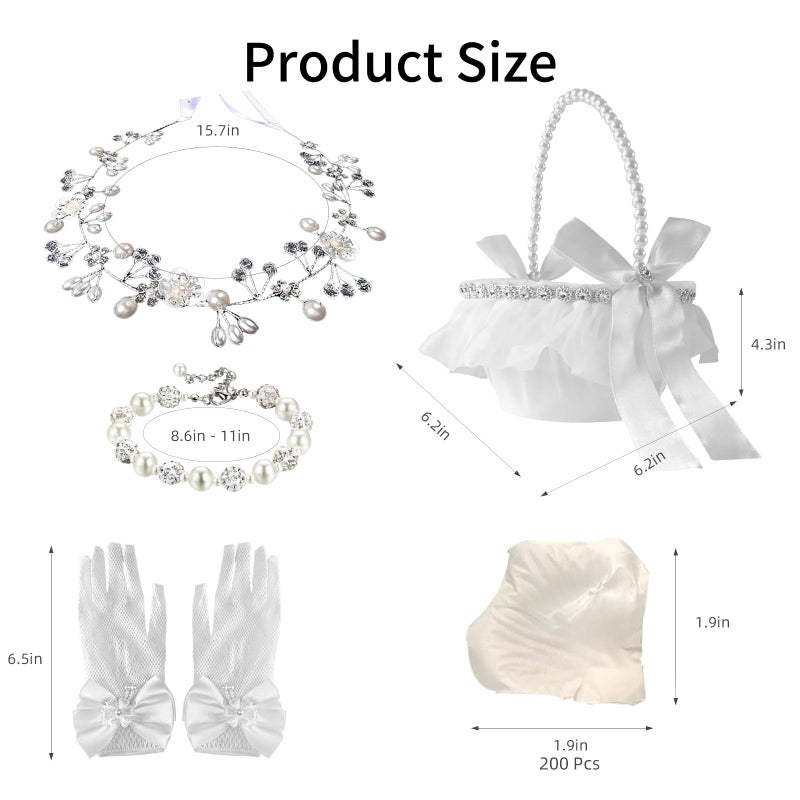 FEXICHUJI 5 Pcs Flower Girl Basket Wedding Set, Flower Girl Jewellery Kit Accessories with Headband Bracelet Gloves Basket and Ivory Petals - Image 2