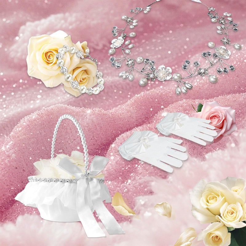 FEXICHUJI 5 Pcs Flower Girl Basket Wedding Set, Flower Girl Jewellery Kit Accessories with Headband Bracelet Gloves Basket and Ivory Petals - Image 3
