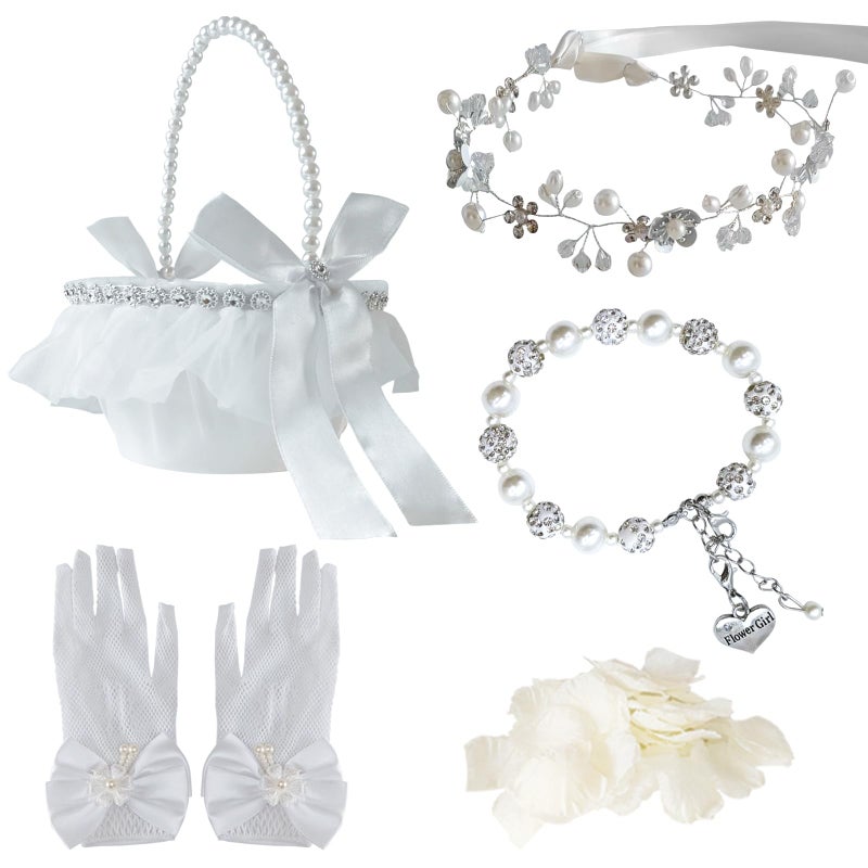 FEXICHUJI 5 Pcs Flower Girl Basket Wedding Set, Flower Girl Jewellery Kit Accessories with Headband Bracelet Gloves Basket and Ivory Petals - Image 1