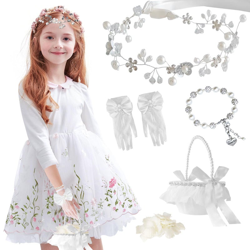 FEXICHUJI 5 Pcs Flower Girl Basket Wedding Set, Flower Girl Jewellery Kit Accessories with Headband Bracelet Gloves Basket and Ivory Petals - Image 4