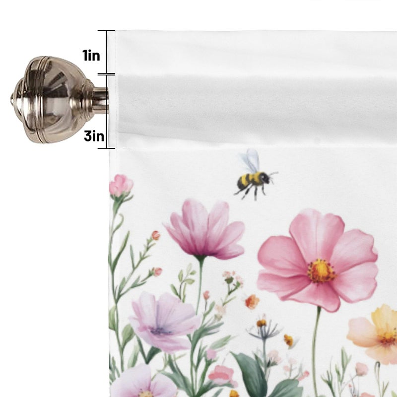 AYTTBIS Spring Wildflowers Curtain Valance for Windows Bees Floral Pink Window Treatments 1 Panel Short Curtains for Kitchen Windows Bathroom Bedroom,42 x 12 Inch - Image 3