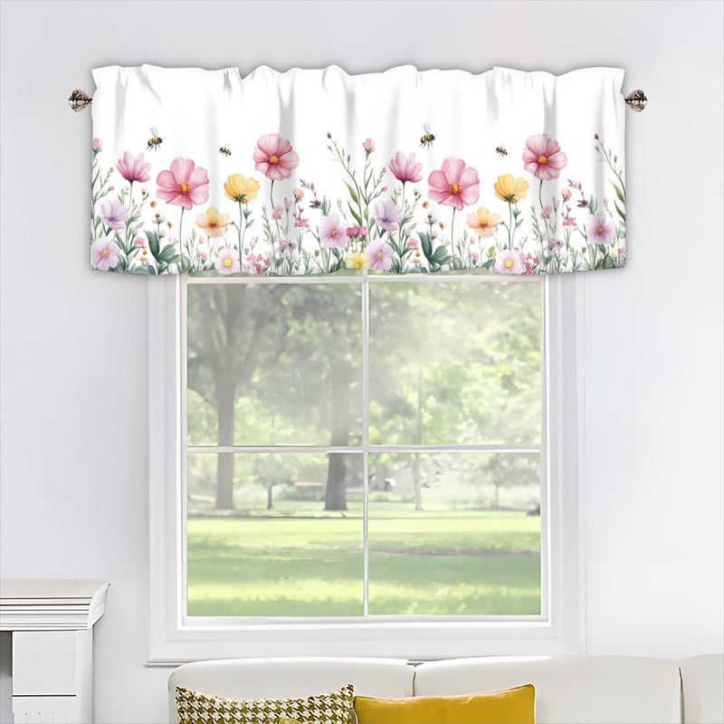 AYTTBIS Spring Wildflowers Curtain Valance for Windows Bees Floral Pink Window Treatments 1 Panel Short Curtains for Kitchen Windows Bathroom Bedroom,42 x 12 Inch - Image 5
