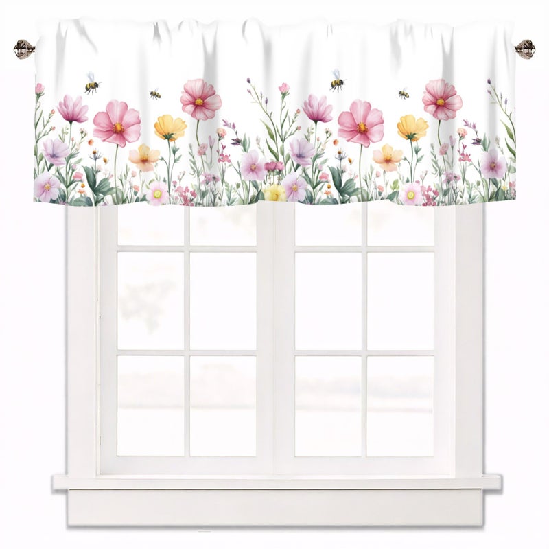 AYTTBIS Spring Wildflowers Curtain Valance for Windows Bees Floral Pink Window Treatments 1 Panel Short Curtains for Kitchen Windows Bathroom Bedroom,42 x 12 Inch - Image 1