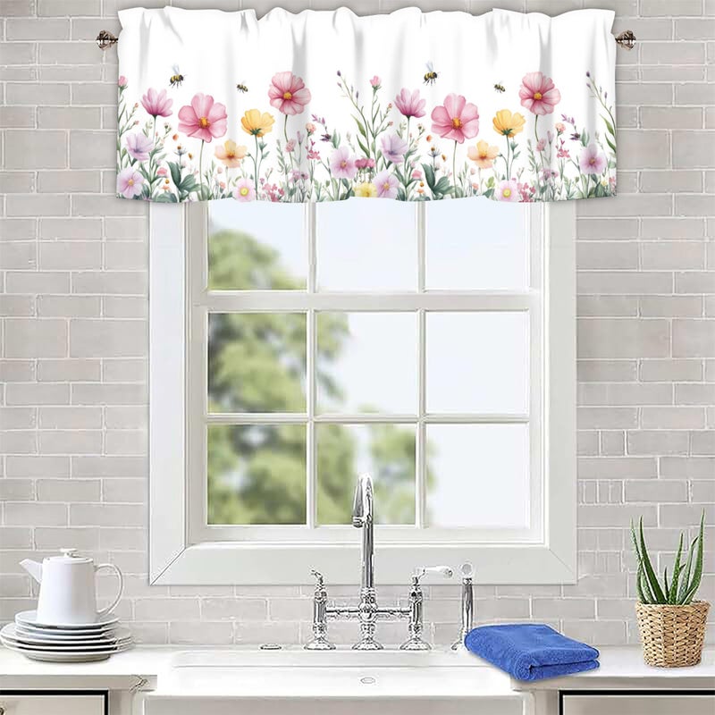 AYTTBIS Spring Wildflowers Curtain Valance for Windows Bees Floral Pink Window Treatments 1 Panel Short Curtains for Kitchen Windows Bathroom Bedroom,42 x 12 Inch - Image 4