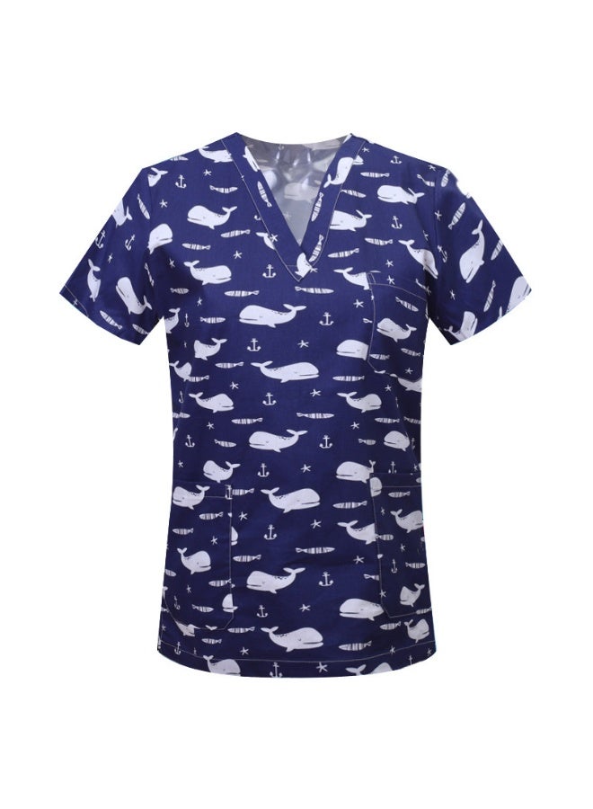 Loquat Womens Medical Scrubs Single Top Medical Uniform Single Printed Top Whale Print on Blue Background - Image 1