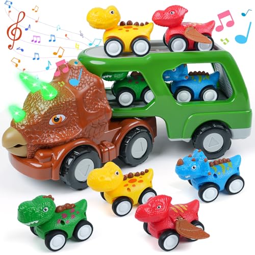 INSFUN Dinosaur Truck Toys for Kids Best Birthday Gifts for Boys Ages 3 4 5 Transport Playset with Music and Lights Dino Carrier Vehicles with 4 Pull Back Car - Image 1