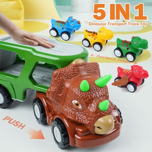 INSFUN Dinosaur Truck Toys for Kids Best Birthday Gifts for Boys Ages 3 4 5 Transport Playset with Music and Lights Dino Carrier Vehicles with 4 Pull Back Car - Image 5