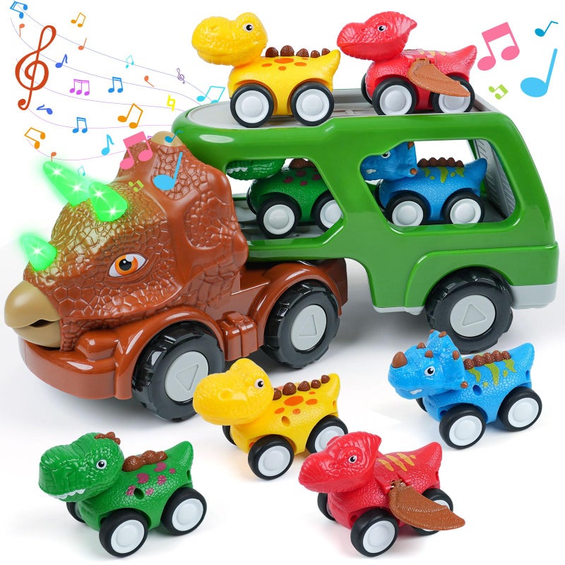 INSFUN Dinosaur Truck Toys for Kids Best Birthday Gifts for Boys Ages 3 4 5 Transport Playset with Music and Lights Dino Carrier Vehicles with 4 Pull Back Car - Image 3