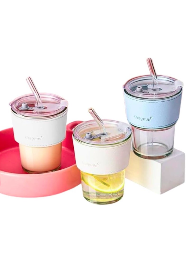 إيباسكت (3قطعة) من كوب زجاج  بكفر جلد شيك مزود بشاليموه سيليكون 450 ملي شفاف(متعدد الالوان) - Image 1