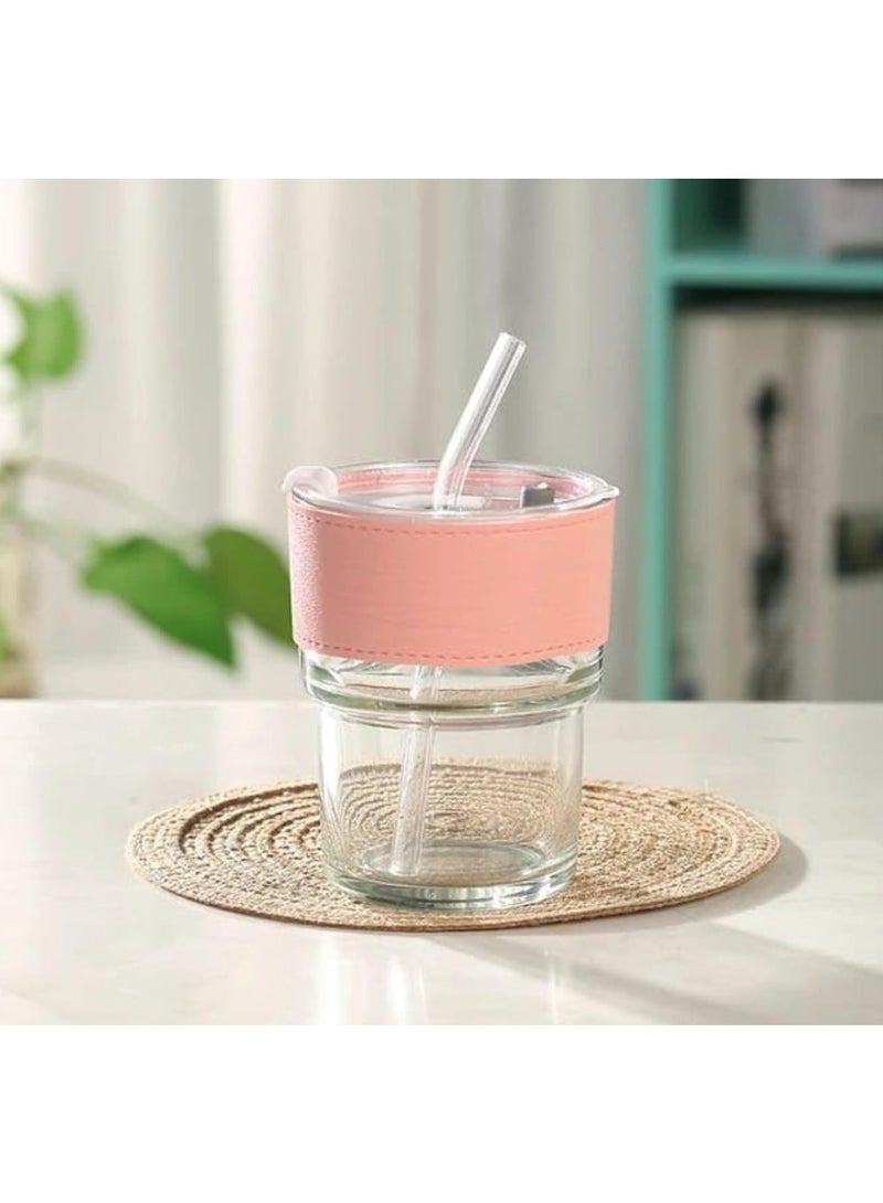 إيباسكت (3قطعة) من كوب زجاج  بكفر جلد شيك مزود بشاليموه سيليكون 450 ملي شفاف(متعدد الالوان) - Image 2