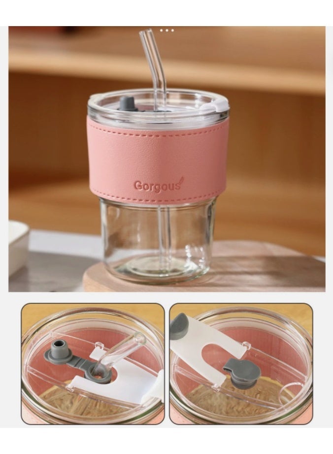 إيباسكت (3قطعة) من كوب زجاج  بكفر جلد شيك مزود بشاليموه سيليكون 450 ملي شفاف(متعدد الالوان) - Image 3