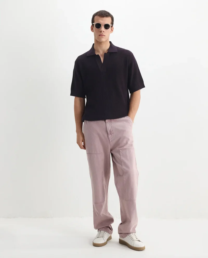 رير رابِت Rare Rabbit Men's Rera Dark Purple Cotton Fabric Half Sleeve Spread Collar Oversized Fit Textured Polo
