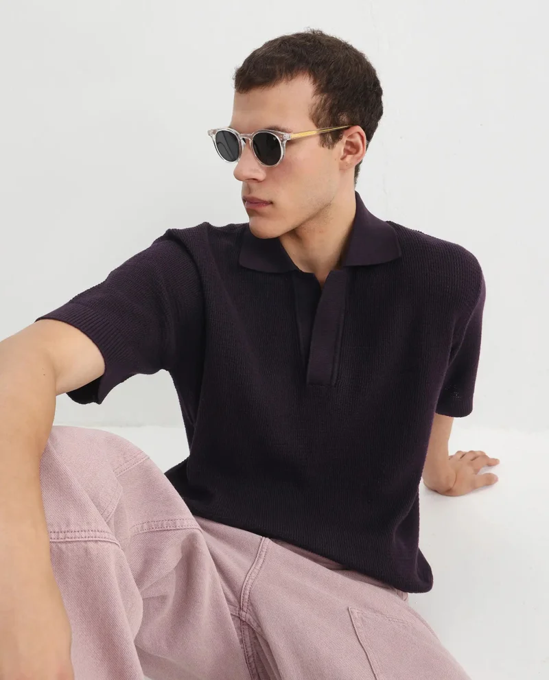 رير رابِت Rare Rabbit Men's Rera Dark Purple Cotton Fabric Half Sleeve Spread Collar Oversized Fit Textured Polo